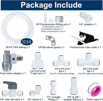 Refrigerator Water Line Kit Connection and 1/4 Compression Ice Maker Installation Kit,1/4" OD Tubing with Quick Connect for Fridge IceMaker RO Systems Water Filter Faucet,+Feed Water Adapetr 32.8ft