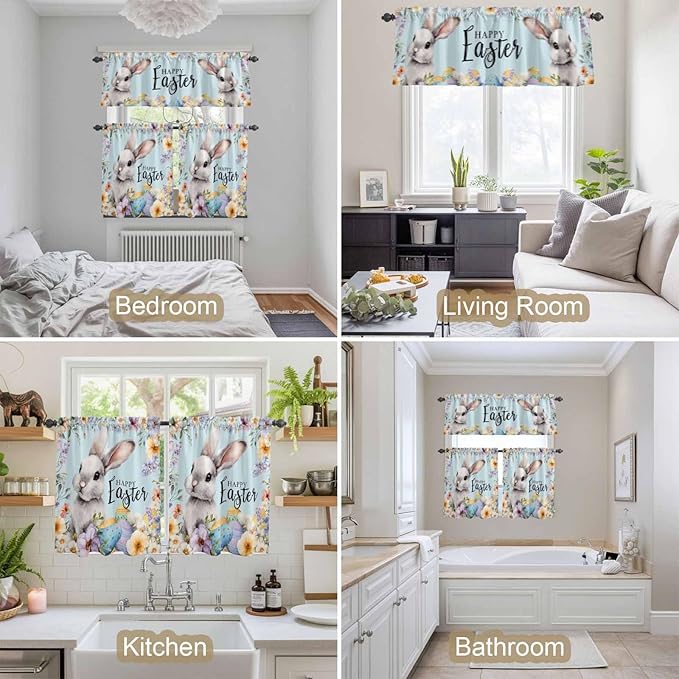 Happy Easter Kitchen Curtains Set 3 Piece for Windows,Rod Pocket Valance and Tier Set 24 Inch Length,Spring Grey Bunny Colorful Eggs Flower Blue Light Filtering Cafe Curtains for Living Room