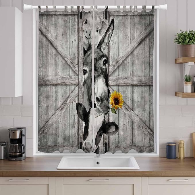 Funny Farm Animals Living Room Curtains 84 Inch Length, Window Curtains Tab Top, Vintage Barn Grey Sunflowers Light Filtering Window Treatments Drapes 52"x84" 2 Panel