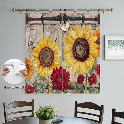 Sunflowers Bedroom Curtains 72 Inch Length, Window Curtains Tab Top, Retro Flower Barn Doors Butterfly Farmhouse Brown Light Filtering Window Treatments Drapes 52"x72" 2 Panel