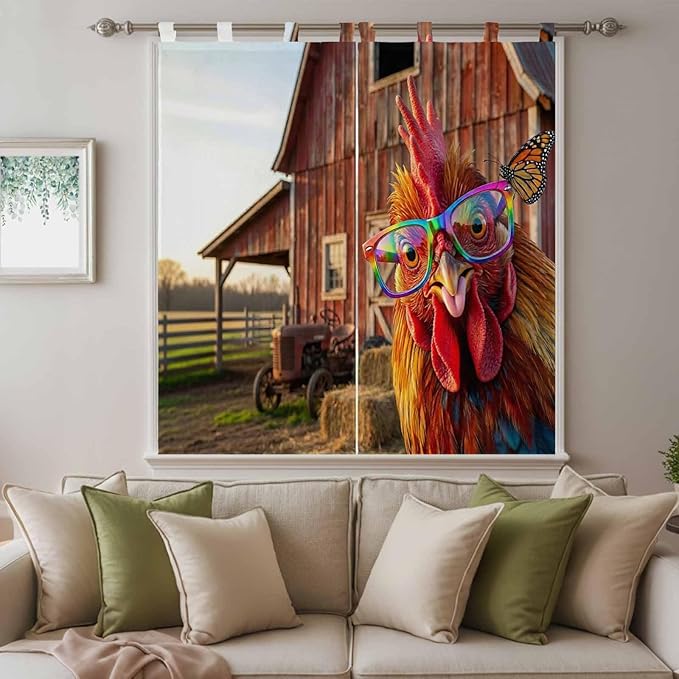 Farm Rooster Bedroom Curtains 72 Inch Length, Window Curtains Tab Top, Farmhouse Barn Funny Animals Butterfly Light Filtering Window Treatments Drapes 52"x72" 2 Panel