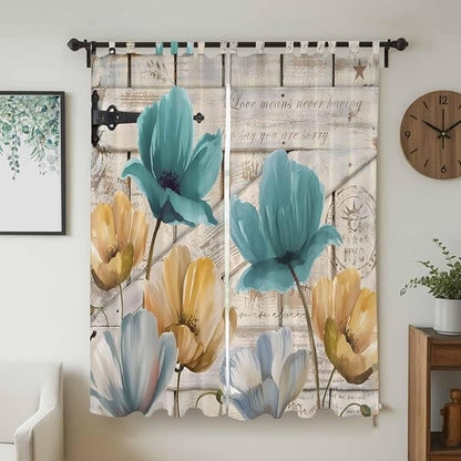 Watercolor Flowers Living Room Curtains 84 Inch Length, Window Curtains Tab Top, Vintage Tulips Floral Barn Doors Wood Grain Light Filtering Window Treatments Drapes 52"x84" 2 Panel