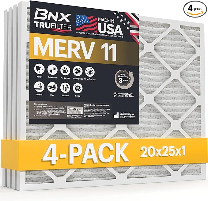 BNX 20x25x1 MERV 11 Air Filter 4 Pack - MADE IN USA - Electrostatic Pleated Air Conditioner HVAC AC Furnace Filters - Removes Dust, Mold, Pollen, Lint, Pet Dander, Smoke, Smog