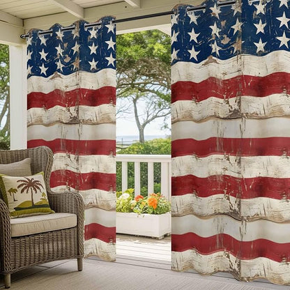 4th of July Outdoor Curtains for Patio USA Flag Independence Day Vintage Waterproof Outside Curtains with Grommet Top Weatherproof Curtain for Cabana Pergola Gazebo, 2 Pack, 54" W x 84" L