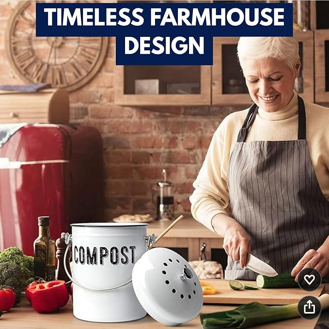 Granrosi Countertop Compost Bin Kitchen - 1.3 Gal Indoor Compost Bucket with Lid for Kitchen, Farmhouse Rust Proof & Odorless Composter Bin for Countertop, 3 Charcoal Filters