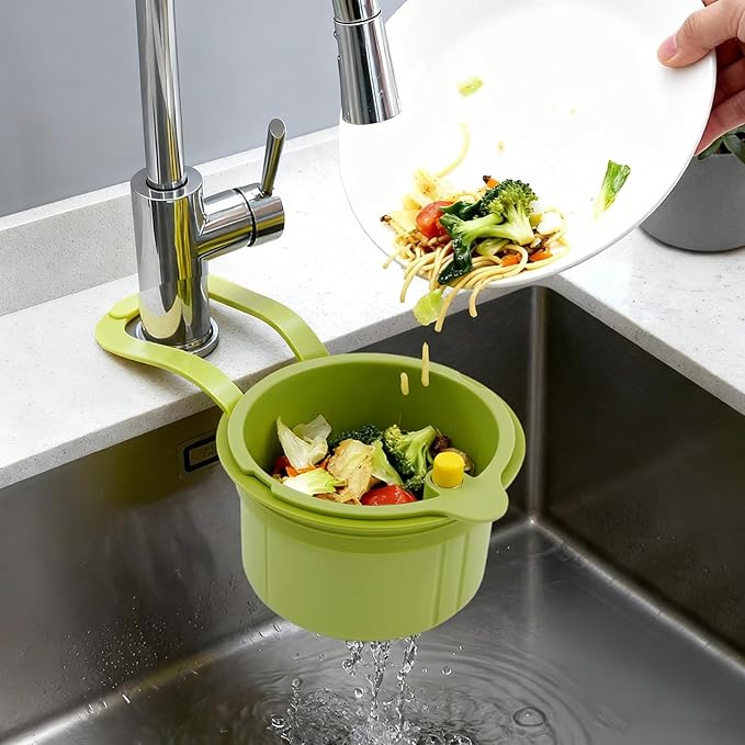 JOMCYDM Kitchen Sink Basket, Faucet Hanging Draining Basket, Kitchen Waste Catcher Hands-Free Press to Empty, Prevents Clogs & Messy Scraping (Green)