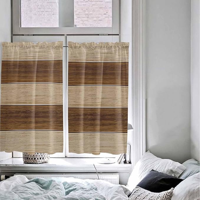 Retro Country Brown Wooden Board Window Valance Curtains, Farmhouse Gradient Plank Light Filtering Kitchen Valance with 3-inch Rod Pocket for Living Room Bathroom Bedroom,2 Panel,52x54In