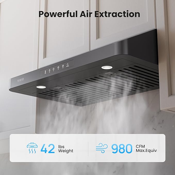 Range Hood 30 inch Under Cabinet, VIKIO HOME Hood Vents for Kitchen, Vent Hoods 30 inches with 980 CFM, 3 Speed Gesture Sensing, Teflon Coating, Non-stick and Easy to Clean, Black