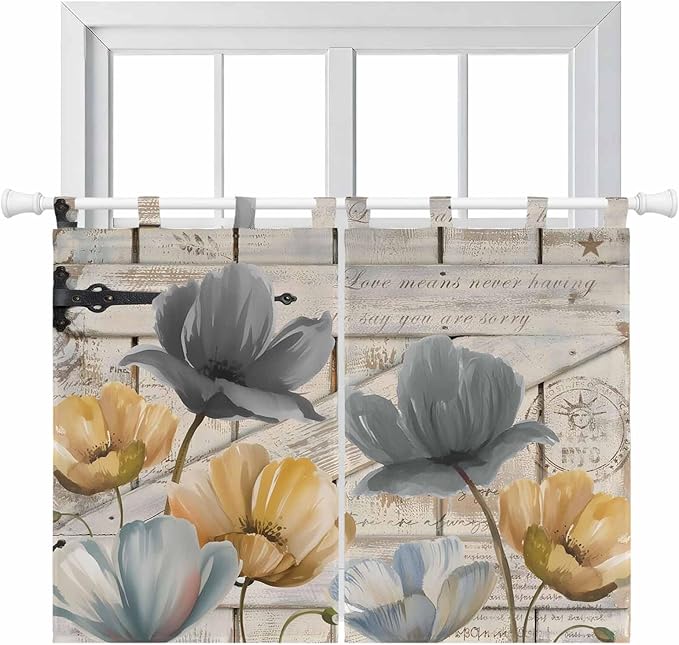 Spring Tulips Flower Bedroom Curtains 63 Inch Length, Window Curtains Tab Top, Vintage Floral Barn Doors Rustic Beige Light Filtering Window Treatments Drapes 42"x63" 2 Panel