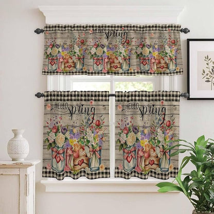 Kitchen Curtains Tiers and Valance Set of 3, Spring Flowers Light Filtering Window Curtain Set, Farmhouse Vintage Black Plaid Wood Grain Rod Pocket Curtain Drapes for Living Room, 36 Inches Tiers
