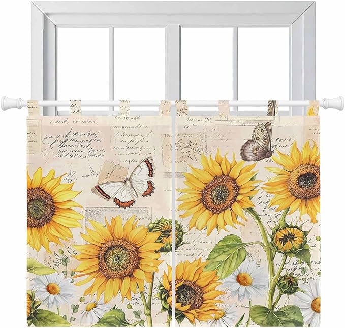 Yellow Sunflowers Kitchen Curtains 45 Inch Length, Short Cafe Window Curtains Tab Top, Country Farm Butterfly Flower Light Beige Light Filtering Window Treatments Tier Drapes 27.5"x45" 2 Panel