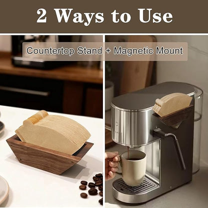 Coffee Filter Holder Magnetic, Solid Walnut Wood Coffee Filter Storage Organizer for Coffee Station, Holds Up to 50 V60-Style Cone Paper Filters, Side Mount for Espresso Machine or Fridge