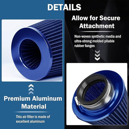 Universal Clamp-On Air Intake Filter, High Performance, Washable Filter, Replacement Air Filter, Flange Diameter 3.5inch/89mm (Blue)