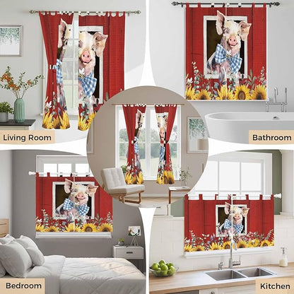 Pig Sunflowers Kitchen Curtains 24 Inch Length, Small Window Curtains Tab Top, Eucalyptus Leaves Floral Bees Red Barn Light Filtering Short Window Treatments Tier Drapes 27.5"x24" 2 Panel