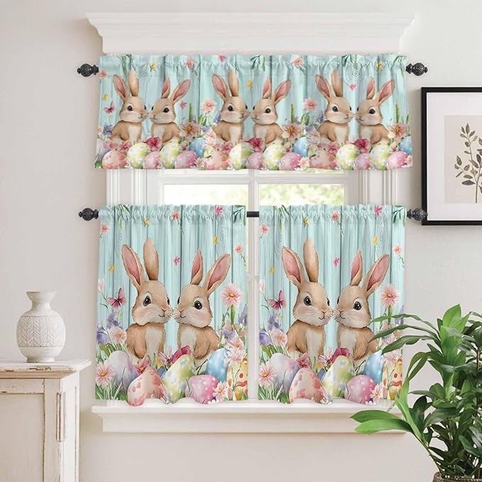 Easter Kitchen Curtains Set 3 Piece for Windows, Rod Pocket Valance and Tier Set 24 Inch Length, Spring Rabbit Colorful Eggs Flowers Wooden Grain Light Filtering Cafe Curtains for Living Room Bathroom