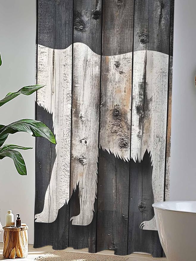 Sheer Curtains 96 Inches Long, White Brown Bear Semi Sheer Curtains Light Filtering Window Treatment, Farmhouse Country Vintage Wood Grain Privacy Voile Drapes for Living Room Bedroom 52x96 Inch