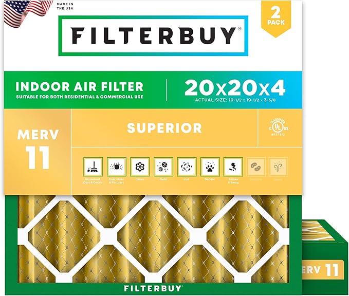 Filterbuy 20x20x4 Air Filter MERV 11 Superior Pet & Allergy Defense (2-Pack), Electrostatic Pleated HVAC AC Furnace Filters Replacement, Made in USA (Actual Size: 19.50 x 19.50 x 3.63)