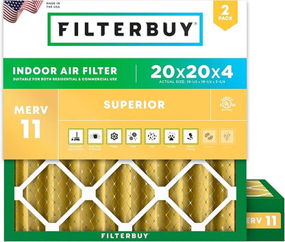 Filterbuy 20x20x4 Air Filter MERV 11 Superior Pet & Allergy Defense (2-Pack), Electrostatic Pleated HVAC AC Furnace Filters Replacement, Made in USA (Actual Size: 19.50 x 19.50 x 3.63)
