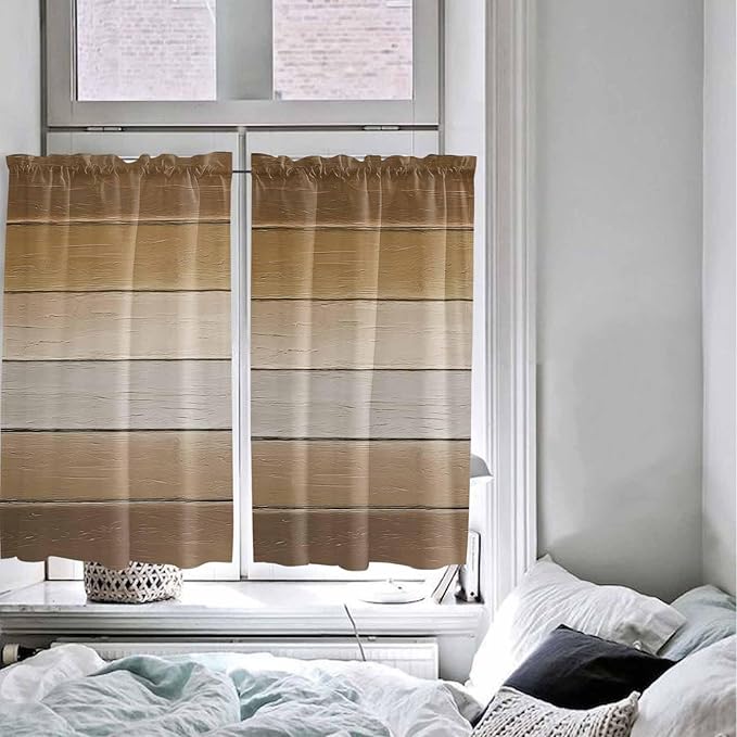 Vintage Brown Gradient Wood Grain Window Valance Curtains, Farmhouse Wood Barn Light Filtering Kitchen Valance with 3-inch Rod Pocket for Living Room Bathroom Bedroom,2 Panel,42x54In