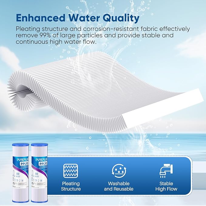 PUREPLUS 50 Micron Whole House Pleated Sediment Filter for Well Water, Replacement Cartridge for Universal 10 inch RO System, W50PE, WFPFC3002, SPC-25-1050, FM-50-975, 801-50, WB-50W, 6Pack