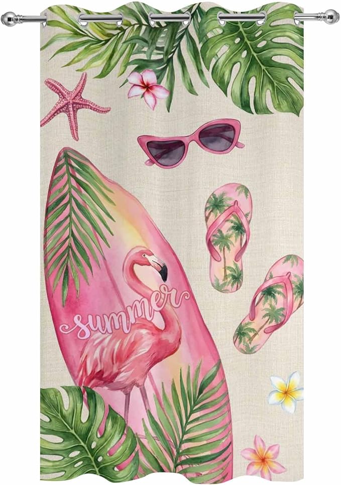Summer Flamingbirds Outdoor Curtains for Patio Palm Leaves Plumeria Linen Waterproof Outside Curtains with Grommet Top Weatherproof Curtain for Cabana Pergola Gazebo, 1 Panel, 54" W x 95" L