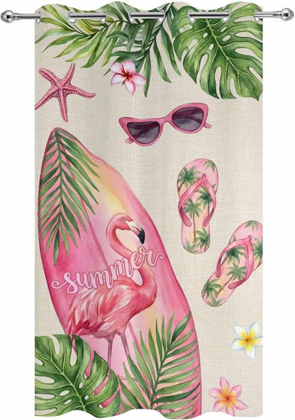 Summer Flamingbirds Outdoor Curtains for Patio Palm Leaves Plumeria Linen Waterproof Outside Curtains with Grommet Top Weatherproof Curtain for Cabana Pergola Gazebo, 1 Panel, 54" W x 95" L