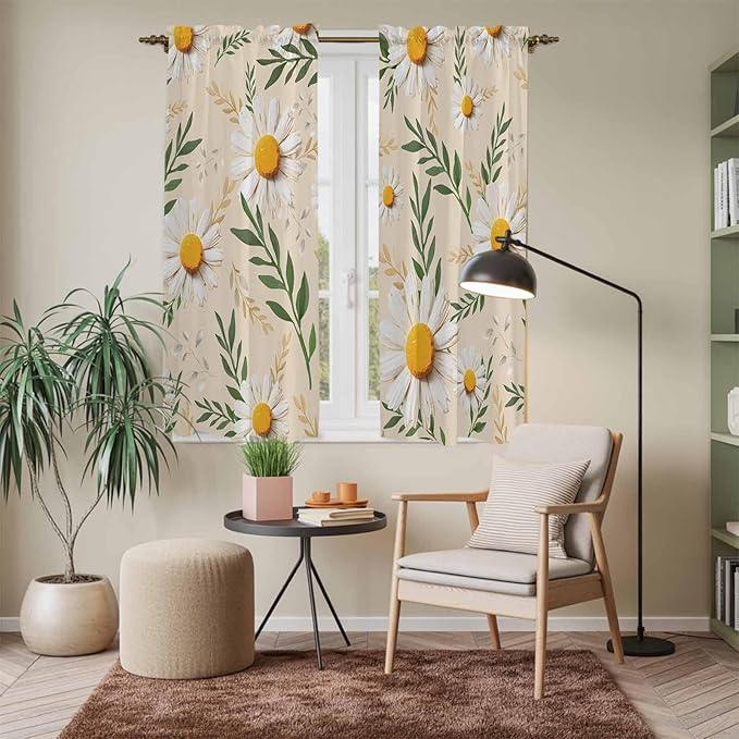 Spring Daisy Kitchen Curtains, Country Watercolor Flower Leaf Plant Light Filtering Window Curtain Panels, 2Pcs Rod Pocket Window Treatments Set for Living Room Bathroom Bedroom 42x63 Inches