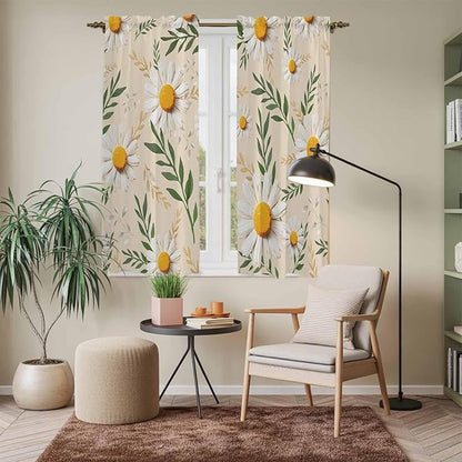 Spring Daisy Kitchen Curtains, Country Watercolor Flower Leaf Plant Light Filtering Window Curtain Panels, 2Pcs Rod Pocket Window Treatments Set for Living Room Bathroom Bedroom 42x63 Inches