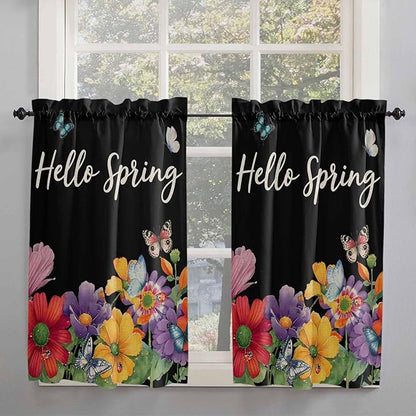 Spring Flowers Kitchen Curtains 54 Inches Length, Watercolor Country Colorful Floral Black Window Treatment Curtain Drapes, Decorative Window Curtains for Bedroom Cafe, 52"x54", 2 Panels