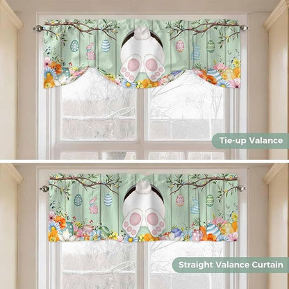 Easter Tie Up Valance Curtains for Windows, Kitchen Curtains Window Shades, Spring Watercolor Bunny Eggs Wooden Grain Green Light Filtering Roman Curtain Valances for Bedroom/Bathroom/Cafe 54"x18"