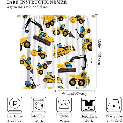 Kids Construction Equipment Window Curtains, Excavator Tractor Tow Truck Rod Pocket Decorative Windows Curtain for Children Teens Boys Girls Room Decor 84x84in (30% Blackout)