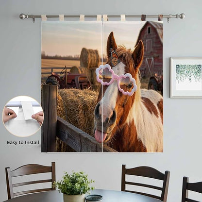 Farm Horses Living Room Curtains 84 Inch Length, Window Curtains Tab Top, Farmhouse Barn Funny Animals Butterfly Light Filtering Window Treatments Drapes 42"x84" 2 Panel