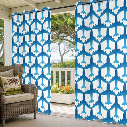 Blue Aircraft Waterproof Outdoor Curtains for Patio, Windproof Weatherproof Curtains with Weighted Hem, Modern Abstract Art Gradient Airplane Light Filtering Privacy Drapes for Porch 54"x 108"