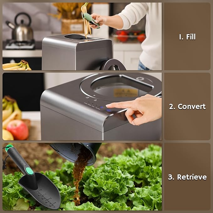 Airthereal Revive Electric Kitchen Composter with Visual Glass Cover, Upgraded SHARKSDEN Tri-Blade, Turn Food Waste and Scraps into Natural Fertilizer for Plants, R500-V, Grey