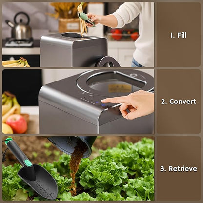Airthereal Revive Electric Kitchen Composter with Visual Glass Cover, Upgraded SHARKSDEN Tri-Blade, Turn Food Waste and Scraps into Natural Fertilizer for Plants, R500-V, Grey