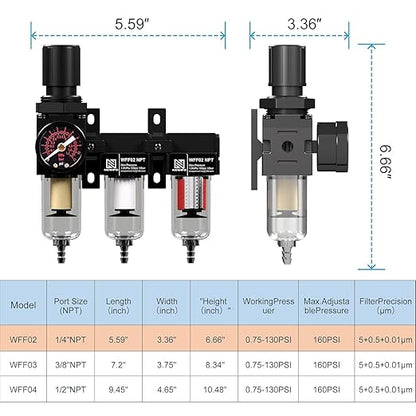 NEWPO 1/4" NPT Air Drying System,Air Filter Pressure Regulator for Spray Guns and Pnuematic Tools, Air Dryer for Compressor, 5＆0.5&0.01 Micron Filter Cartridge,Semi-Auto Drain (Black)