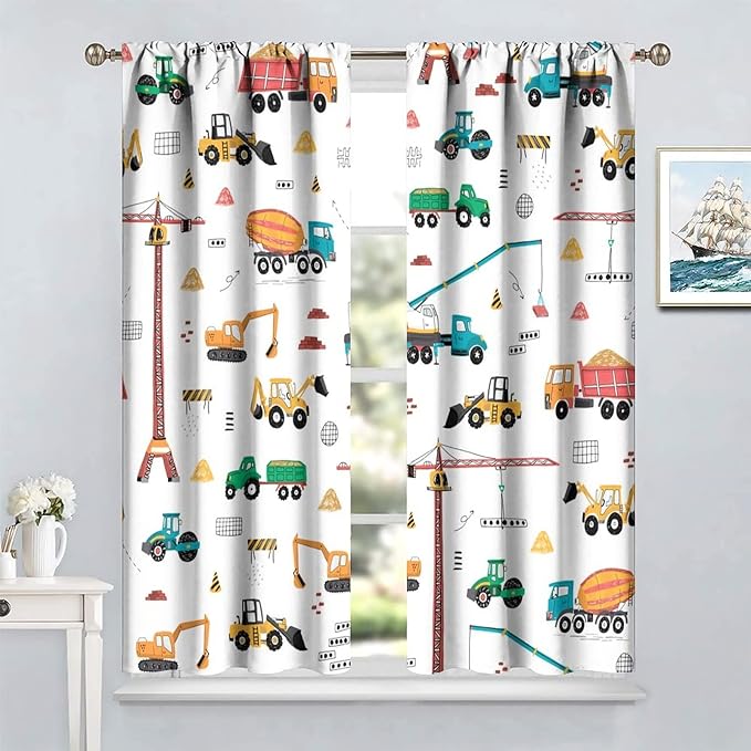 Construction Window Curtains, Kids Cartoon Construction Machines Building Hand Drawn Doodle Rod Pocket Decorative Windows Curtain for Children Teens Room Decor 42x63in (30% Blackout)
