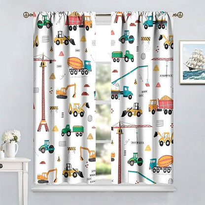 Construction Window Curtains, Kids Cartoon Construction Machines Building Hand Drawn Doodle Rod Pocket Decorative Windows Curtain for Children Teens Room Decor 42x63in (30% Blackout)