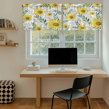 Yellow Daisy Tier Curtains, Farmhouse Country Flower Leaf Plant Wood Grain Light Filtering Kitchen Curtains, 2Pcs Rod Pocket Half Window Treatments Panels for Sink Cafe Cabinet Camper 27.5x36 Inches