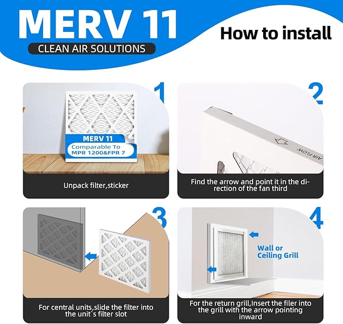 (6 Pack) 10x24x1 Air Filter, MPR 1200 & FPR 7, MERV 11 Pleated Air Filter (Actual Size: 9.75"x23.75"x0.75")