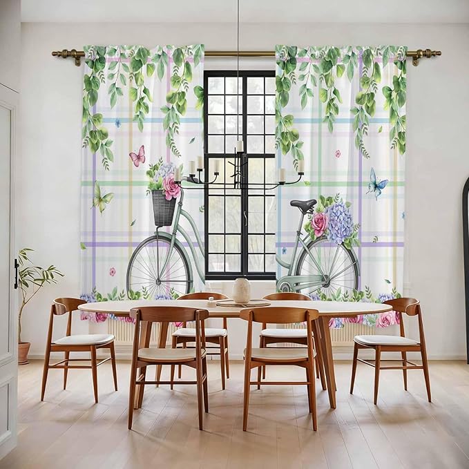 Spring Kitchen Curtains, Bicycles Botanical Leaves Rose Colorful Stripes Light Filtering Window Curtain Panels, 2Pcs Rod Pocket Window Treatments Set for Living Room Bathroom Bedroom 52x72 Inches
