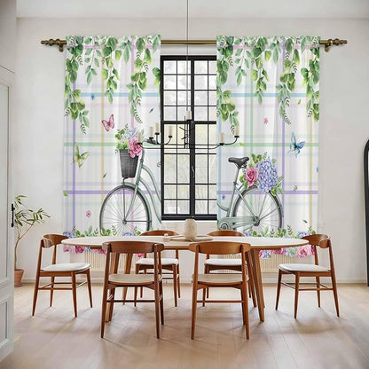 Spring Kitchen Curtains, Bicycles Botanical Leaves Rose Colorful Stripes Light Filtering Window Curtain Panels, 2Pcs Rod Pocket Window Treatments Set for Living Room Bathroom Bedroom 52x72 Inches