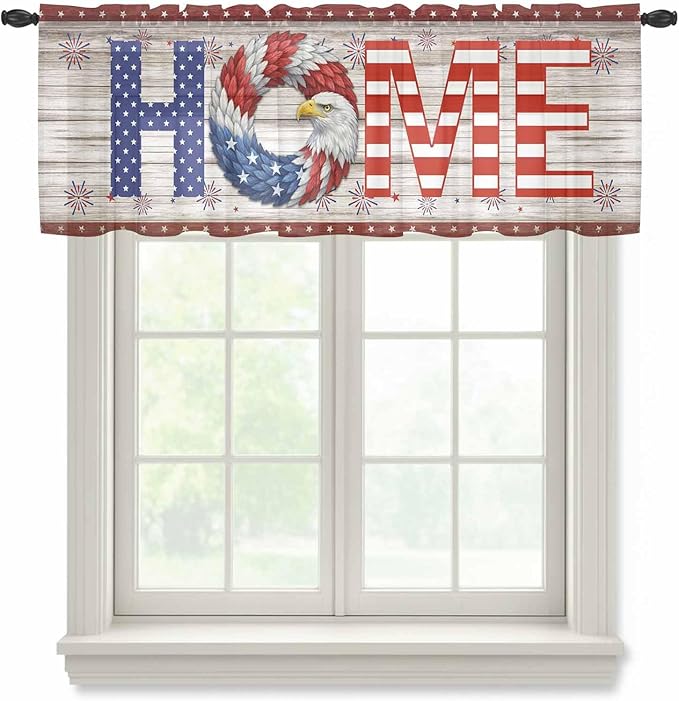 4th of July Sheer Valances for Windows 60"x18", Light Filtering Kitchen Curtains Valance, Stars Striped Farmhouse American Flag Wood Grain Rod Pocket Chiffon Curtains for Living Room Bedroom Cafe