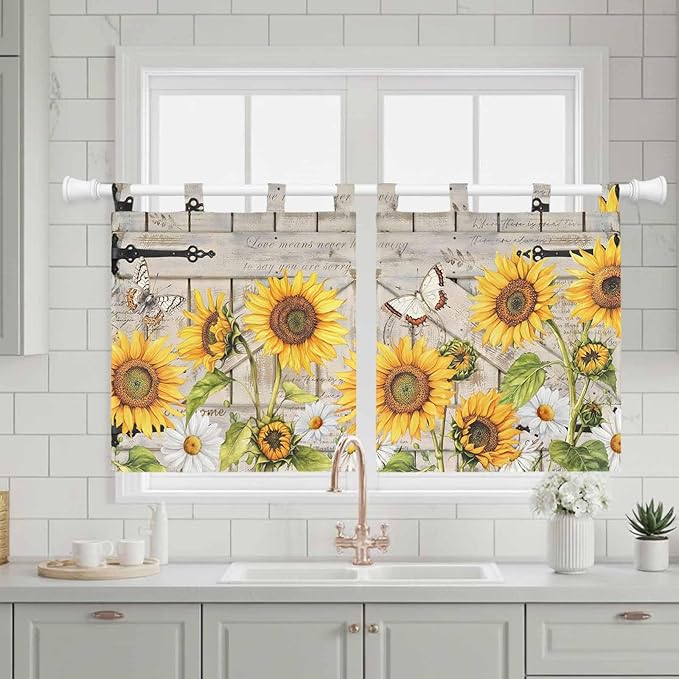 Farm Flowers Kitchen Curtains 36 Inch Length, Small Window Curtains Tab Top, Retro Sunflowers Barn Doors Butterfly Wood Board Light Filtering Short Window Treatments Tier Drapes 27.5"x36" 2 Panel