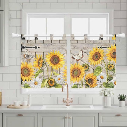 Farm Flowers Kitchen Curtains 36 Inch Length, Small Window Curtains Tab Top, Retro Sunflowers Barn Doors Butterfly Wood Board Light Filtering Short Window Treatments Tier Drapes 27.5"x36" 2 Panel