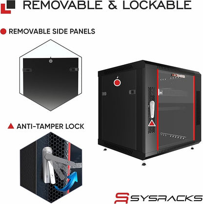 Sysracks 9U Wall Mount Server Rack Cabinet, 19” Locking Network Rack, 24” Deep, Glass Door, with Fan, PDU and Shelf