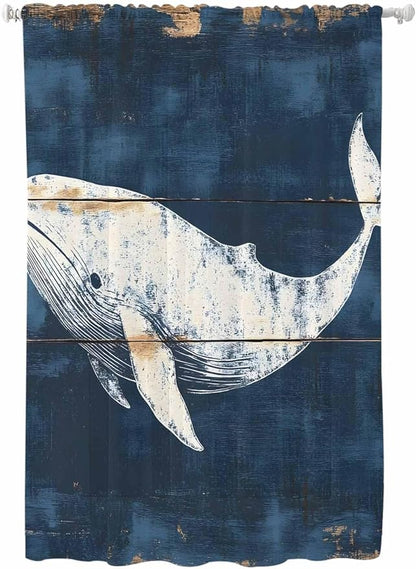 Sheer Curtains 72 Inches Long, Ocean Whale Blue Semi Sheer Curtains Light Filtering Window Treatment, Coastal Vintage Wooden Grain Privacy Voile Drapes for Living Room Bedroom 52x72 Inch