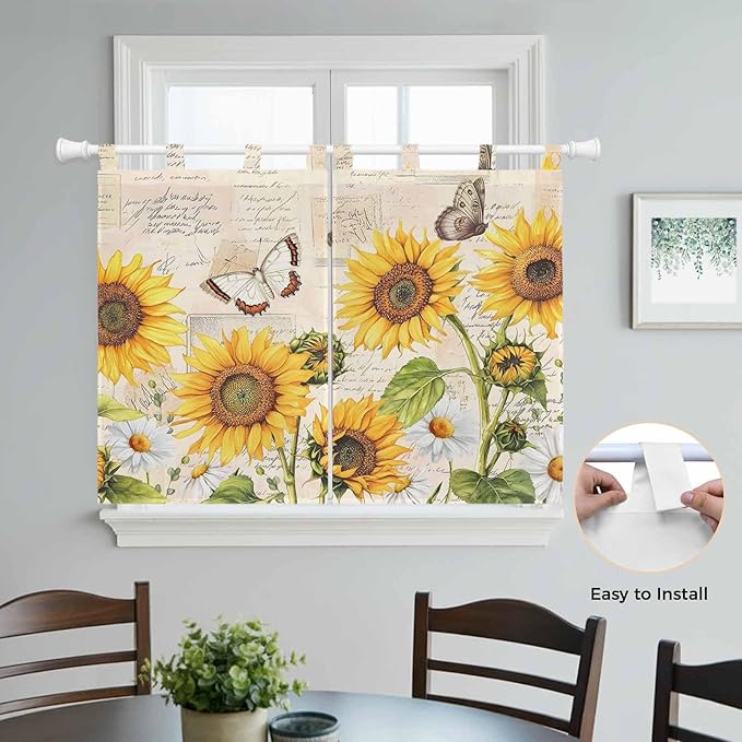 Yellow Sunflowers Kitchen Curtains 45 Inch Length, Short Cafe Window Curtains Tab Top, Country Farm Butterfly Flower Light Beige Light Filtering Window Treatments Tier Drapes 27.5"x45" 2 Panel