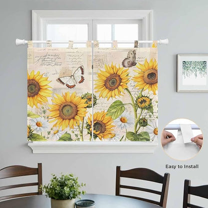 Yellow Sunflowers Kitchen Curtains 45 Inch Length, Short Cafe Window Curtains Tab Top, Country Farm Butterfly Flower Light Beige Light Filtering Window Treatments Tier Drapes 27.5"x45" 2 Panel