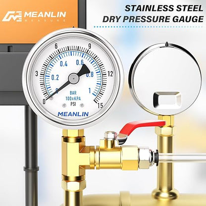 MEANLIN MEASURE 0~15Psi Dry Low Pressure Gauge Stainless Steel 1/" NPT 2" FACE DIAL Waterproof for Water Oil Air Well Pump Tank Tire Pressure Test Lower Mount, with 1/4" NPT and 3/8" NPT Hex Bushing